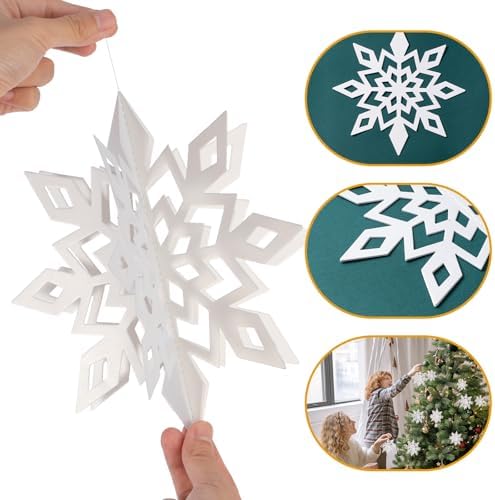 Crafare 18 Pieces Paper Winter Christmas Hanging Snowflake Decorations 3D Large White Snowflakes with String 6 inch, 8 inch10 inch,for Christmas New Year's Party Frozen-Themed Birthday Celebration