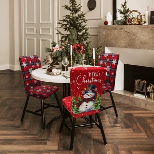 Christmas Chair Covers Set of 6, Xmas Snowman Dining Chair Covers for Party Kitchen Removable Seat Cover for Chairs Christmas Decorations Indoor
