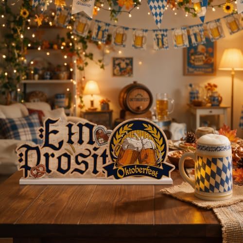 Smile Oktoberfest Wooden Standing Decor, Ein Prosit Pretzel Beer Mug Tiered Tray Tabletop Signs with Stands for Home Bar Party Decor