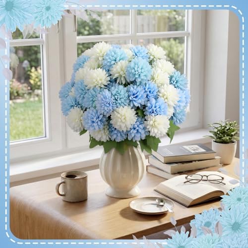 XunYee 12 Pcs Blue Artificial Flowers for Outdoor,Silk Chrysanthemums