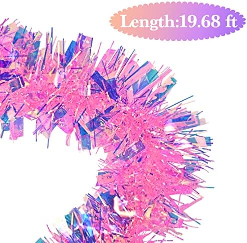JXITON 20ft/6m Pink Christmas Tinsel Garland Iridescent Metallic Twisted Hanging Garland with Star for Chistmas Tree Fireplace Home Decoration
