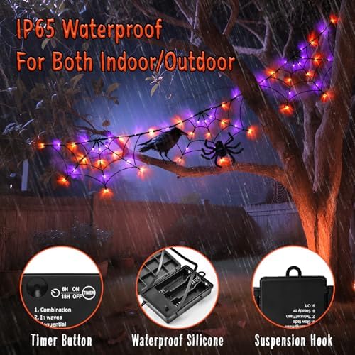 Halloween Decorations Spider Web Lights 6FT 60LED Battery Operated/USB Powered with Black Spider with Timer 8 Modes Indoor Outdoor for Halloween Decor, Orange&Purple