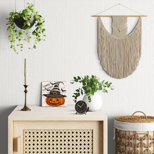 Happy Halloween Sign, Fall Halloween Pumpkin Decor, Jack o Lantern Wooden Square Sign for Home Office Desk Decor 5 x 5 Inches