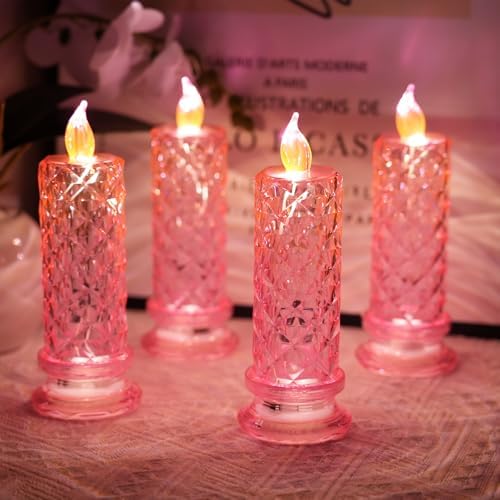 SupBri 4PCS Rose Halo LED Flameless Candles, Pink Crystal-Like Shell