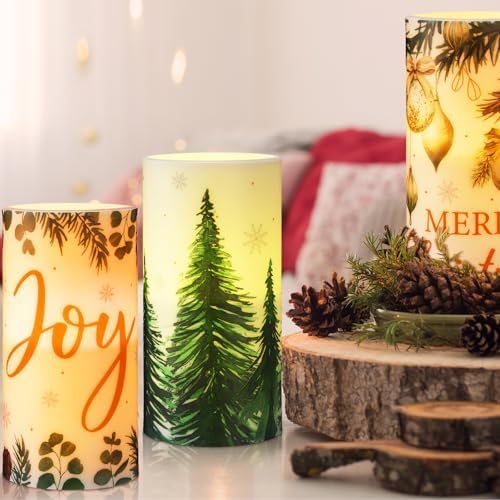 Retisee 3 Pcs Green Christmas Flameless LED Candles with Remote