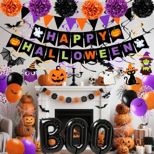 Halloween Party Decorations, 73PCs Halloween Decorations Indoor Set Including HAPPY HALLOWEEN Banner Bat Stickers Hanging Garland Swirl Streamers Fringe Curtains BOO Balloons for Classroom Home Decor