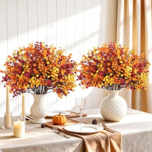 Uieke 15Pcs Fall Artificial Flowers Baby Breath, Burgundy & Orange Flowers