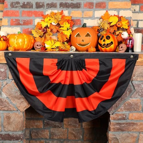 Newwiee 6 Pcs 3 x 6 ft Halloween Flag Bunting Half Fan Hanging Pleated Flag Banner with 3 Grommets for Halloween Indoor Outdoor House Party Holiday Yard Decorations Props, Black Orange