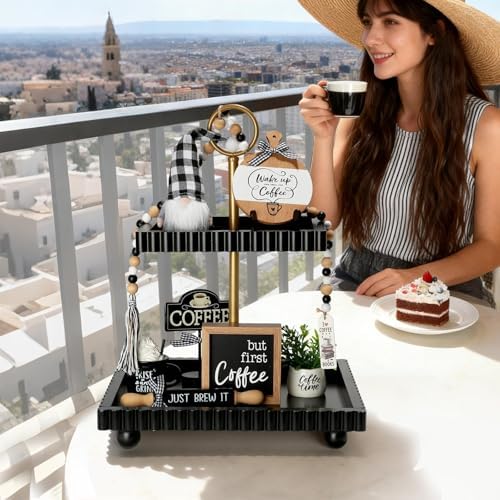 Coffee Bar Decor, 8 PCS Coffee Decorations for Table Tiered Tray Shelf