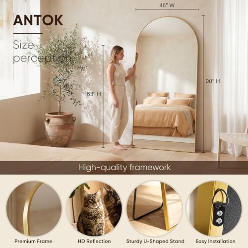 Antok 91" x46” Arched Full Length Mirror, Floor Mirror with Stand, Gold