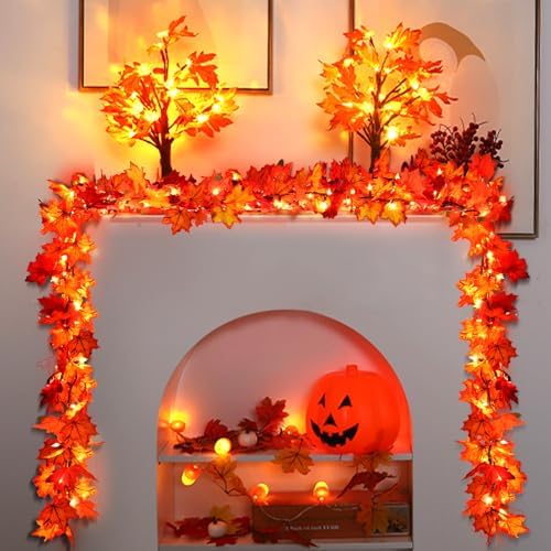 Fall Decorations Lighted Fall Garland, 9FT 50 Count Incandescent Lights Brown Wire UL Certified Connectable Maple Leaves String Lights for Home Party Fireplace Mantle Thanksgiving Decor (Orange, 9FT)
