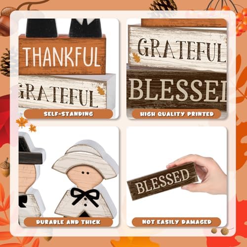 Lineshading 4 Pcs Wooden Fall Pilgrim Block Signs Tabletop Decor