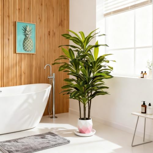 4ft Dracaena Artificial Plant - Large Tropical Indoor Fake Tree with Lifelike Leaves - Tall Faux Floor Plant in Pot for