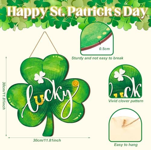 Boao St. Patrick's Day Shamrock Door Hanger Welcome Wooden Hanging Sign