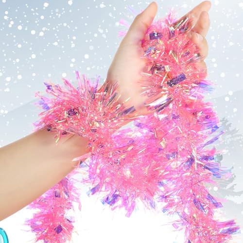 Shappy 90 ft 6 Rolls Christmas Tinsel Garland for Tree,Laser Pink