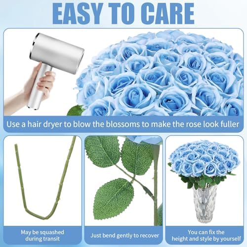 36 Pcs Sky Blue Artificial Roses with Long Stems