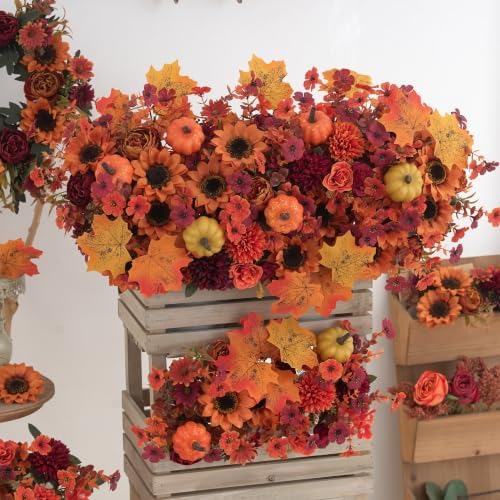 Mixed 12 Pcs Fall Artificial Flowers, Sunflower Peony Bouquet with Maple Leaves Pumpkins, Autumn Faux Floral Arrangements for Table,Thanksgiving, Halloween, Porch Planters, Garden Patio Outdoors Decor