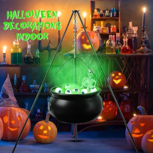 Halloween Decorations Outdoor, Large Witch Cauldron, with Large Tripod/Green Lights/Cotton/40CM Skull/Green Glowing Eyes, Witch Cauldron Magic Candy Bucket Decoration, for Porch Outdoor Party