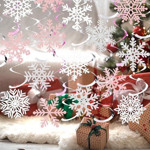 Snowflake Decorations, Christmas Hanging Decor, Pink White Silver, 30-Pc