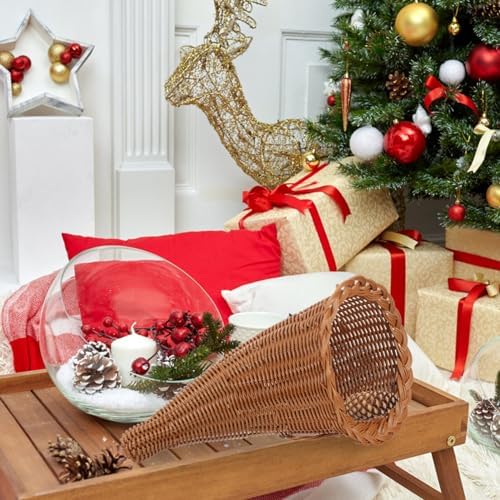 jojofuny Fall Cornucopia Basket: Thanksgiving Horn of Plenty for Harvest Autumn Table Decoration - Hand-woven Rattan Horn Basket for Christmas Table Centerpieces