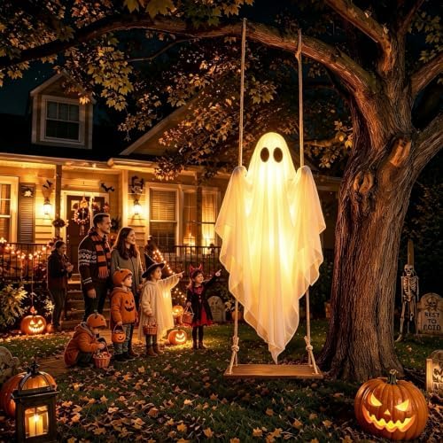 Halloween Decorations Outdoor – Hanging Swing Ghost 4-8FT, Remote Light Up