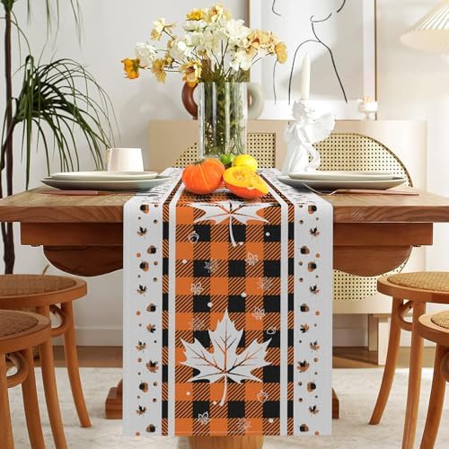 Niviy Maple Leaves Fall Table Runner with Buffalo Plaid, 13 x 108 Inch Seasonal Autumn Thanksgiving Table Decoration for Home Kitchen Dining Outdoor Indoor Holiday Farmhouse Decor