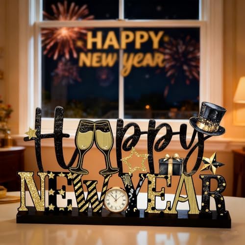 Cinnvoice Happy New Year Table Decoration Metal New Year Letter Sign 2026 Black and Gold Table Centerpieces with Wooden Base for Home Tiered Tray Centerpiece Mantel Shelf Fireplace Eve Party Supplies