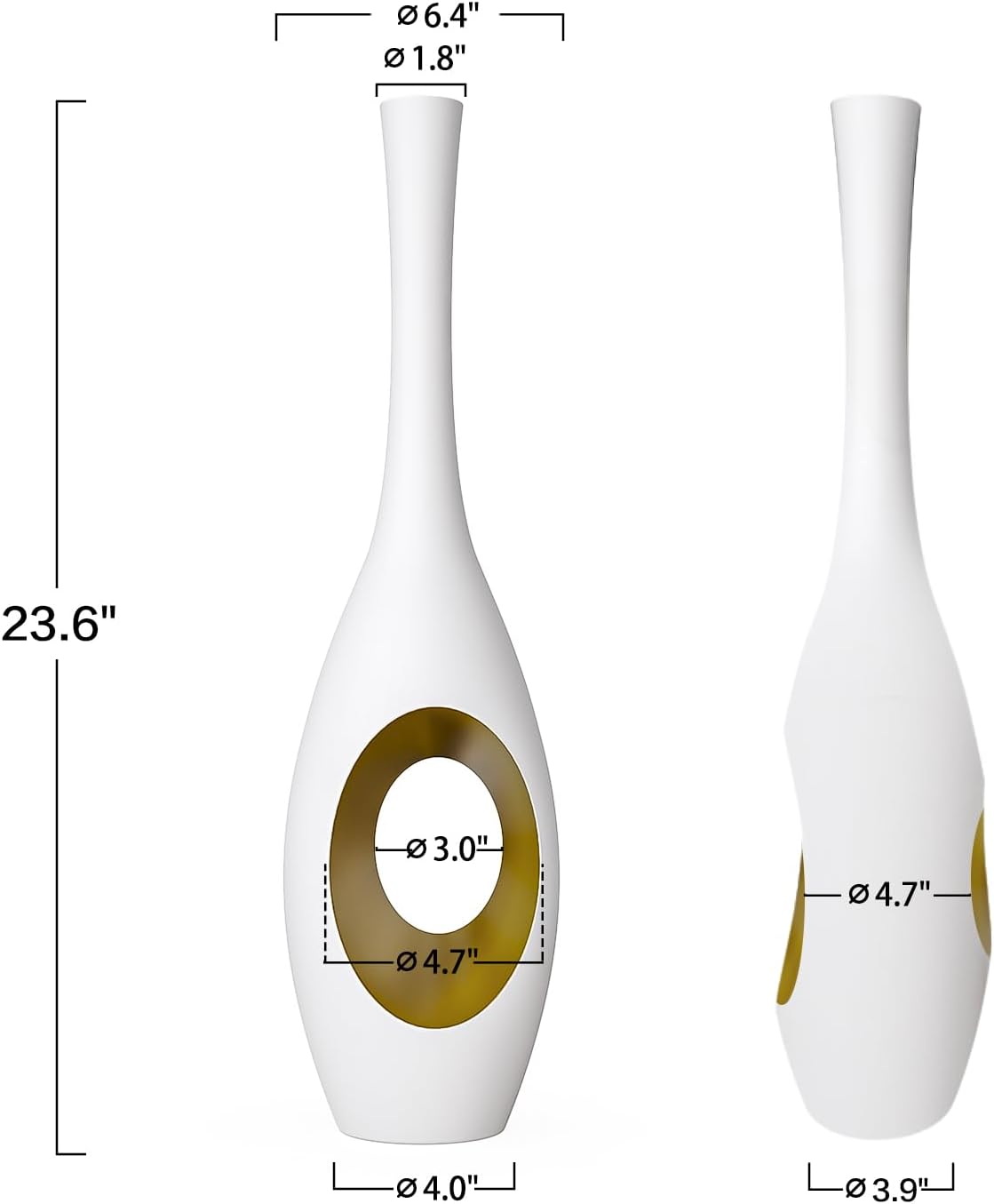 Modern Oval Floor Vase / White & Gold / 23.6in