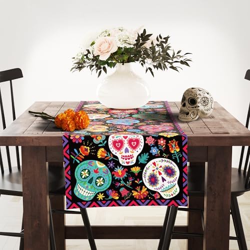 OHOME Dia De Los Muertos Decorations - Sugar Skulls Table Runner | Day of The Dead Catrinas Ofrenda Table Decorations Supplies Backdrop for Mexican Altar De Muertos Indoor Outdoor