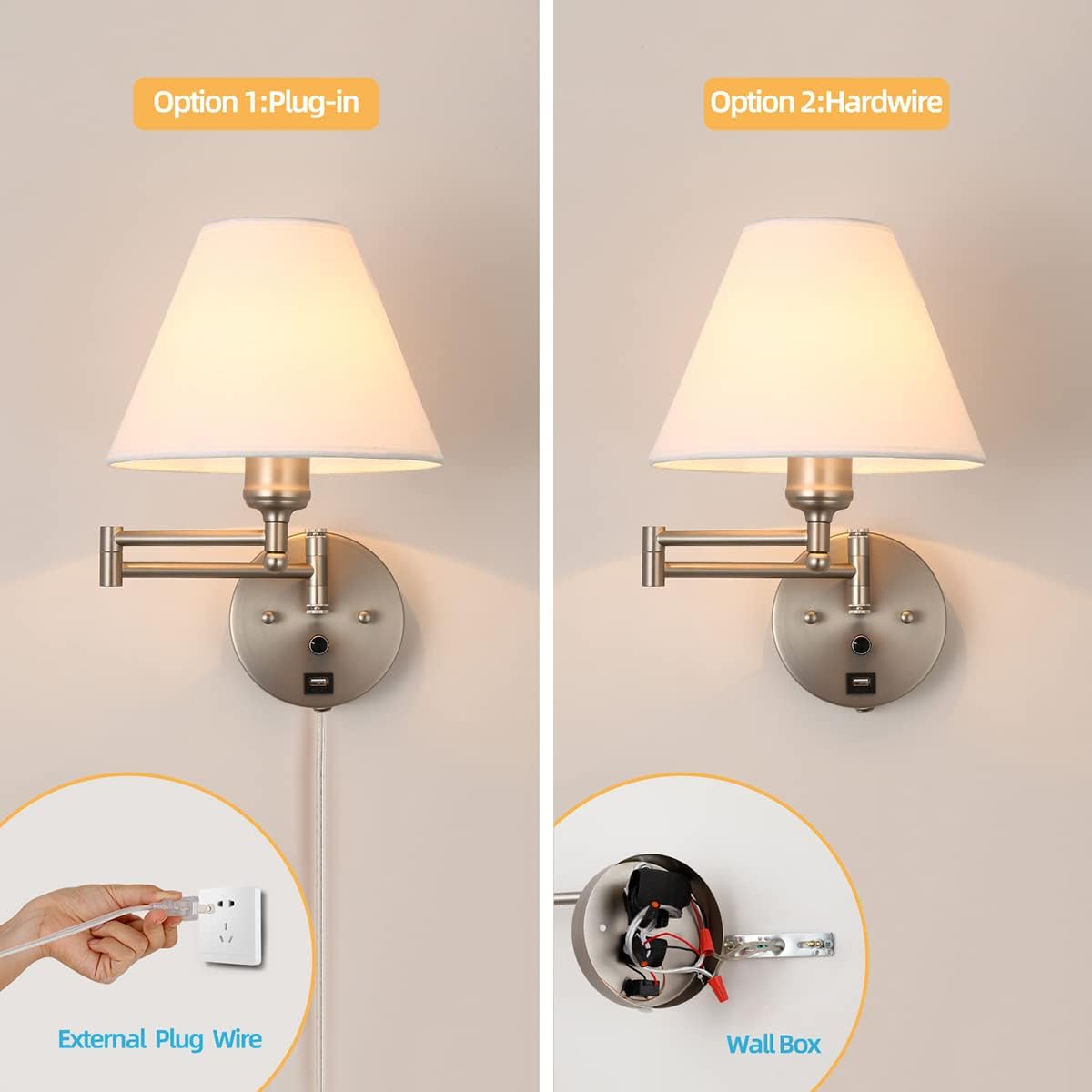 Swing Arm Wall Sconces, Plug-in Wall lamp,Bedroom Wall lamp ， White Fabric Shade，，with dimmable Switch and USB Charging