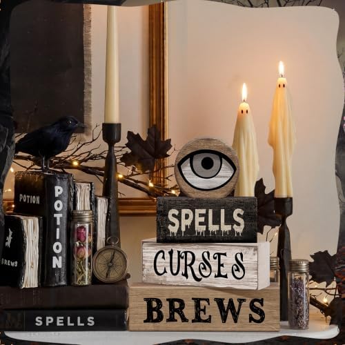 Moucuny 4 Pcs Halloween Table Decor Witchy Wooden Stacked Block Decor