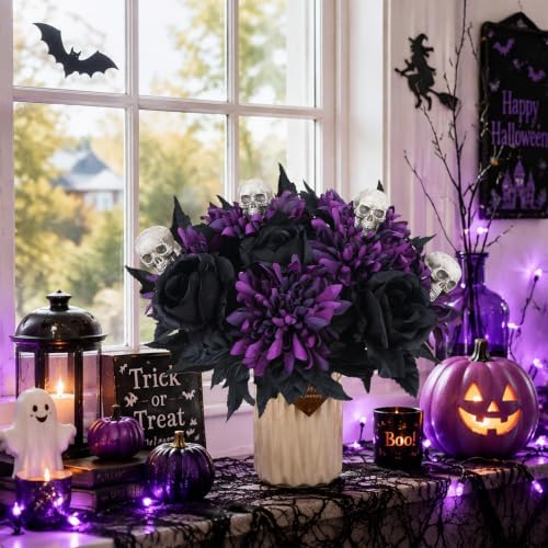 2 Pcs Halloween Flowers Artificial Purple Bouquet for Gothic Decor