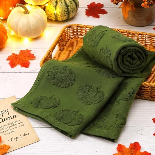 Mindsoft 2 Pcs Fall Hand Towels 3D Pumpkin Jacquard,Moss Green