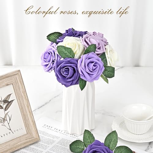 BLEUM CADE 16Pcs Artificial Flowers Fake Foam Roses with Stems for Wedding