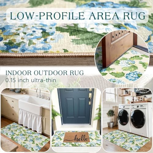 Front Door Mat Indoor Entrance - 2x4.3 Light Blue Green Floral Rug