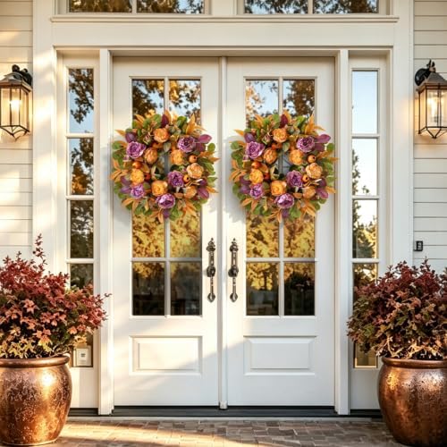 24 Inch Harvest Fall Wreath for Front Door Outside with Orange Purple Peony