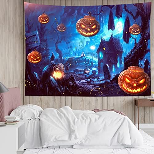 HVEST Halloween Tapestry Terror Pumpkin Jack-O-Lantern Wall Decor Night Spooky Jungle Tapestry Hunted House Picture Wall Art for Bedroom Home Dorm Halloween Decor 60Wx40H inches