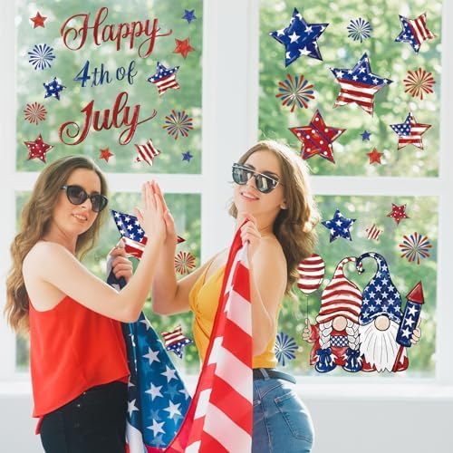Whaline 6 Sheets Patriotic Window Clings Happy 4th of July Window Decal USA Gnome Star Firework Reusable Glass Sticker for Independence Day Memorial Day Home Party Decor