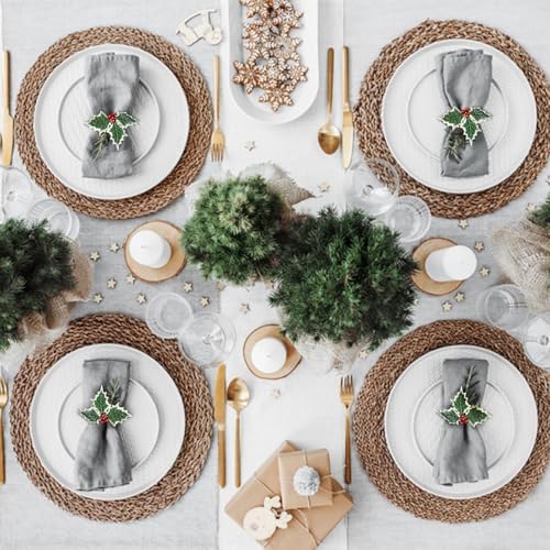 wonlex Farmhouse Napkin Ring Buckle Set of 12, Natural Rustic Serviette Buckles Holder for Table Decoration, Wedding, Thanksgiving Day,Christmas(Holly)