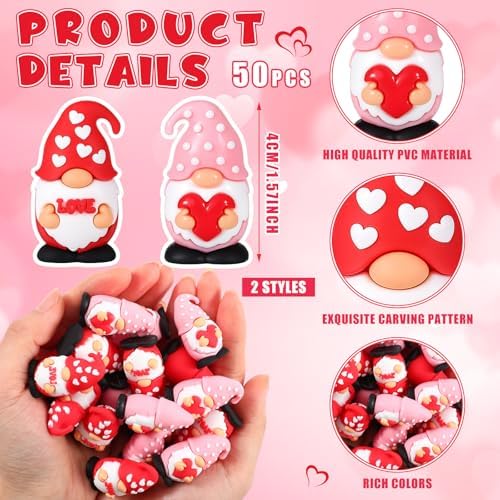 Lunmon 50 Pcs Mini Valentine's Day Gnomes Bulks 1.57 Inch PVC Pink Gnomes Figurine Gifts Valentine's Day Collectible Figurines for Home Tabletop Farmhouse Shelf Decorations