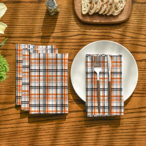 Horaldaily Halloween Cloth Napkins, Orange Buffalo Plaid Napkins Set of 8