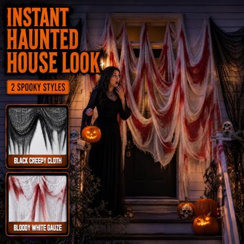 6Pcs Halloween Creepy Cloth 30×72inch, Scary Halloween Fabric Gauze, 2Pcs Blood 4Pcs Black Creepy Cloth for Yard, Doorway, Haunted House Party