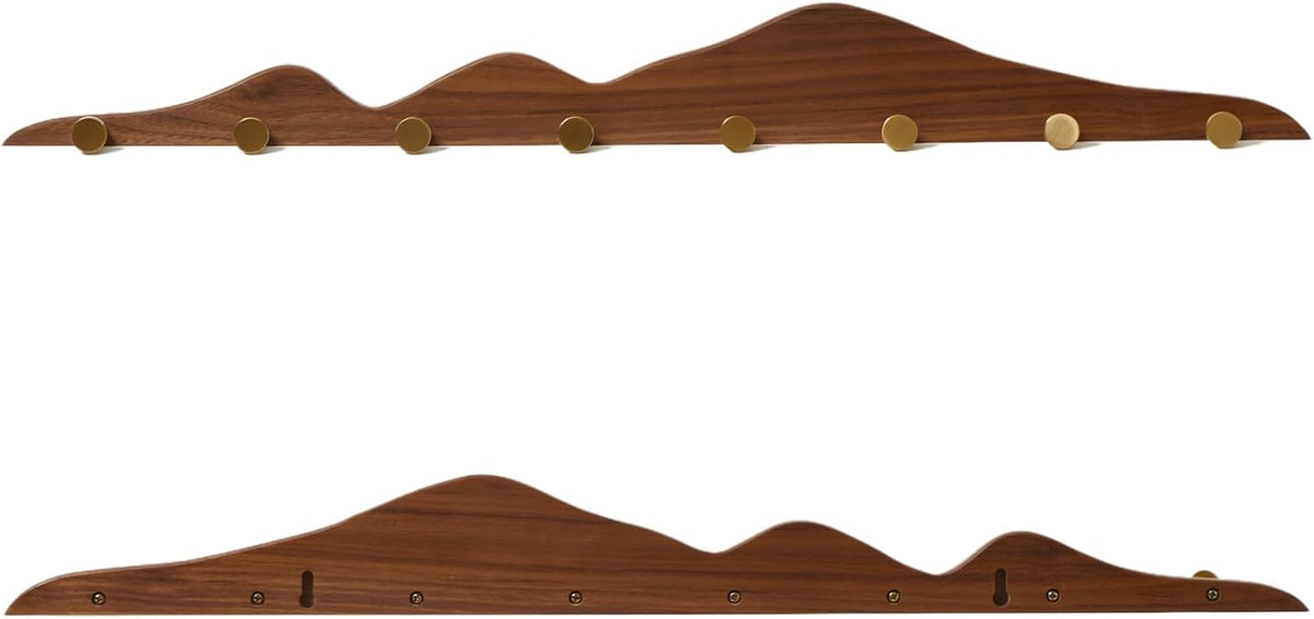 Wall Coat Rack, Walnut Wood, 8 Hooks | Elegant, Solid Coat Hanger Wall Mount, Brass Hooks, Moisture-Resistant Wax Oil