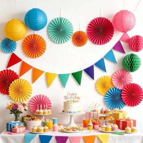 Rainbow Paper Round Fan Decorations,Vibrant Red Green Yellow Blue Orange Purple Hanging Fans, Fiesta Party Decor, Wedding Birthday Backdrop, Back to School Decor, Set of 12, 10", 12"