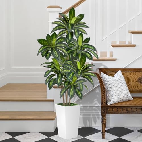 VIVATREES Dracaena Tree 6FT Artificial, 72in Tall Faux Dracaena Tree with 15.7 White Planter, Fake Potted Tree for