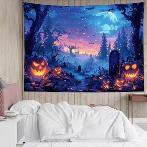 LB Spooky Halloween Tapestry Wall Hanging Horror Pumpkin by Cemetery in Forest Tapestry Scary Moon Night Tapestries for Bedroom Living Room College Dorm Wall Decor,59Wx51H inches