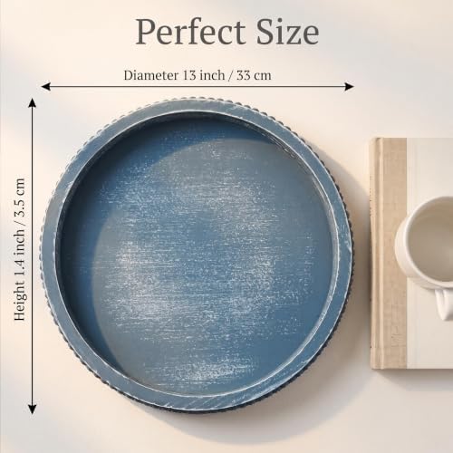 Hrastany Round Blue Wood Decorative Tray for Coffee Table Centerpiece