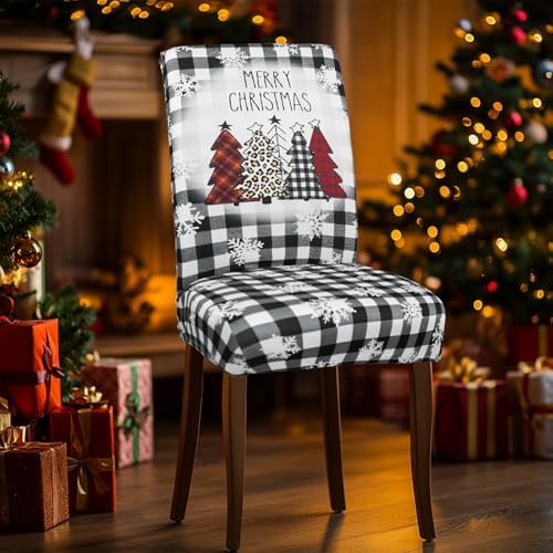 Christmas Chair Covers Set of 4 Buffalo Plaid Christmas Tree Dining Chair Seat Cover Stretch Removable Xmas Chair Slipcover Protector for Xmas Dining Room Kitchen Home Decor