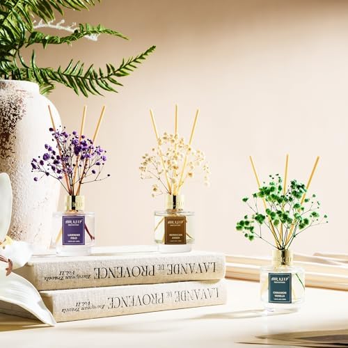 Airkeep Reed Diffuser Set of 3, Cinnamon Vanilla Lavender Field Moroccan Amber Oil Reed Diffusers for Bedroom Living