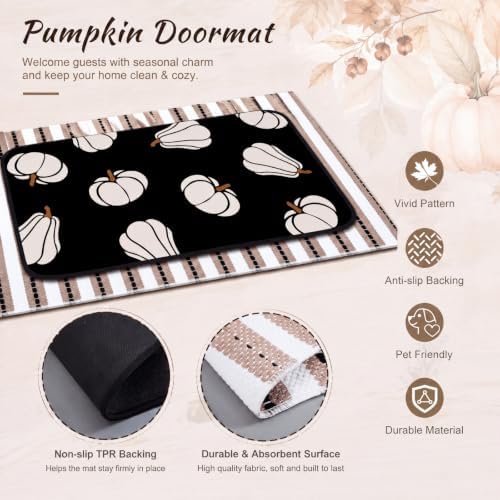 Tinideya 2 Pcs Halloween Layered Doormat Set, Neutral Pumpkin Outdoor Front Door Mat with Striped Layering Rug, Non Slip Fall Halloween Porch Entryway Outside Decor